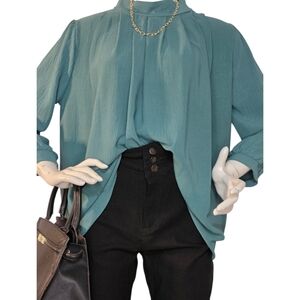NWT Ces Femme Green Pleated Blouse Large | Back Cutout Workwear Chic